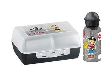 Emsa Kids Set mit Piraten-Motiv, Trinkflasche + Brotdose, 400 ml auslaufsichere Flasche, Dose mit verschiebbarer Trennwand, Schwarz, 518136 im Sale